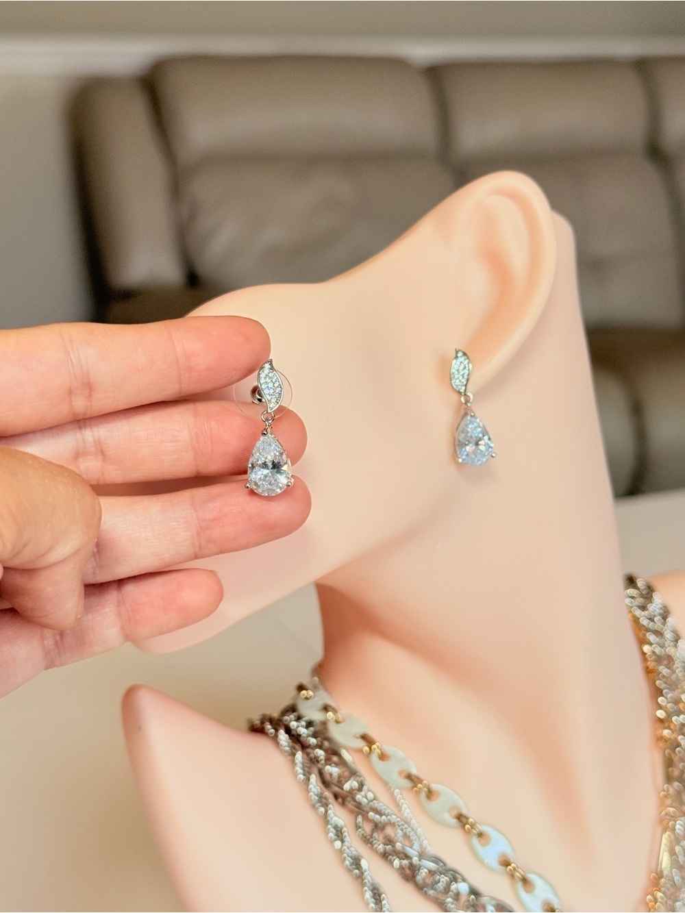 Elegant Silver Teardrop Stones Dangle Earrings